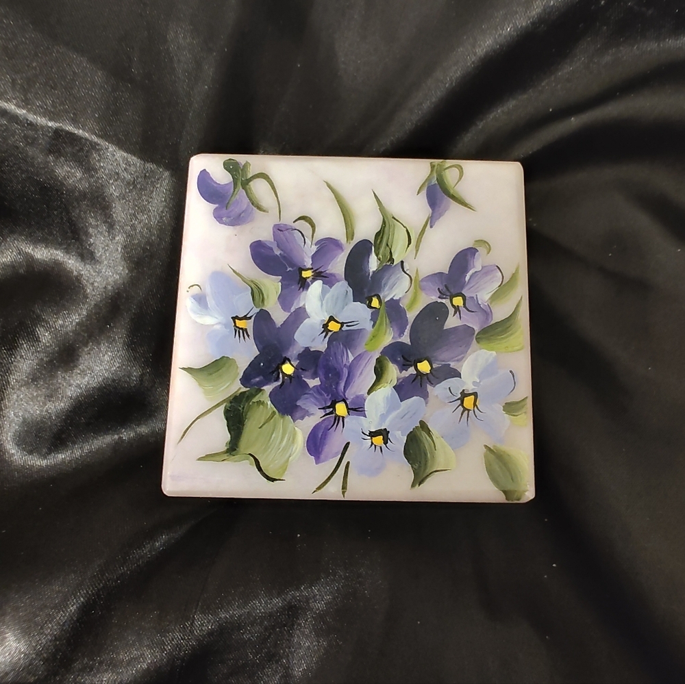 Beautiful Hand-painted Violets Floral Stone Trinket Box
